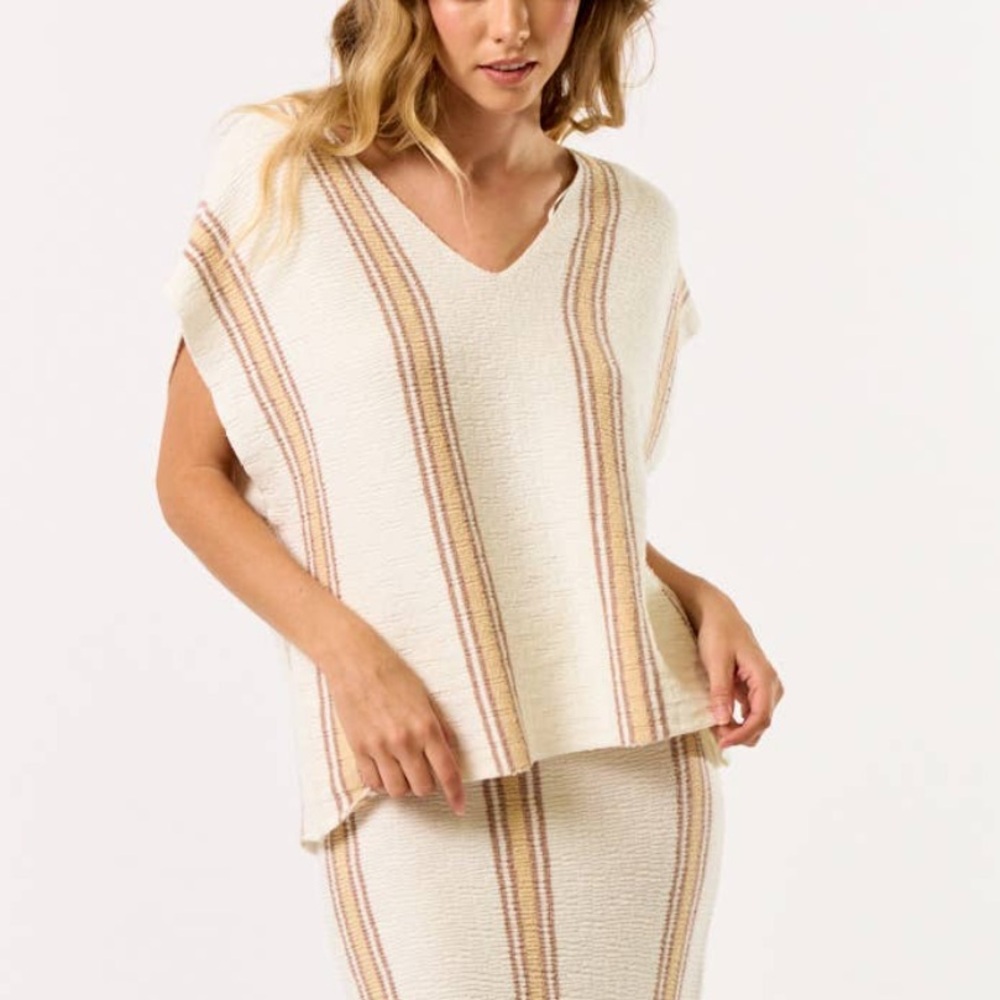 Lalavon Striped Knit Poncho Sweater Top Small Cream Tan Boho Coastal Resort